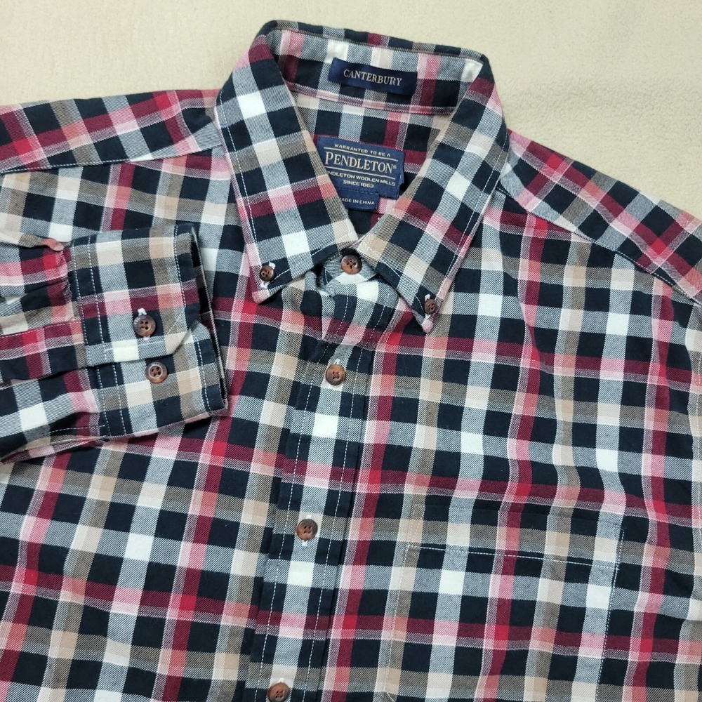 Pendleton Canterbury Mens Medium Black White Red Plaid Button Down Wool Blend